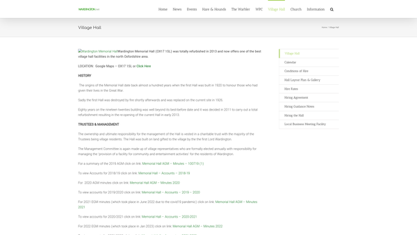 Screenshot of the The Wardington Memorial Hall website