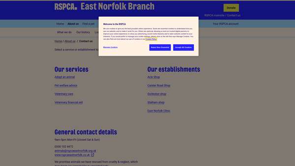 Screenshot of the Royal Society For The Prevention Of Cruelty To Animals East Norfolk Branch website