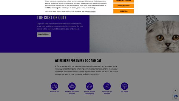 Screenshot of the Battersea Dogs' And Cats' Home website