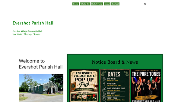 Screenshot of the Evershot Parish Hall website