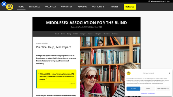 Screenshot of the The Middlesex Association For The Blind website