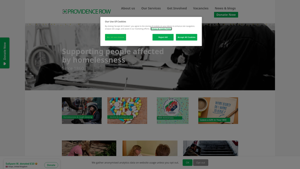 Screenshot of the Providence Row Charity website