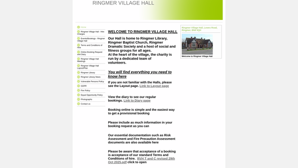 Screenshot of the Village Hall (Ringmer) website