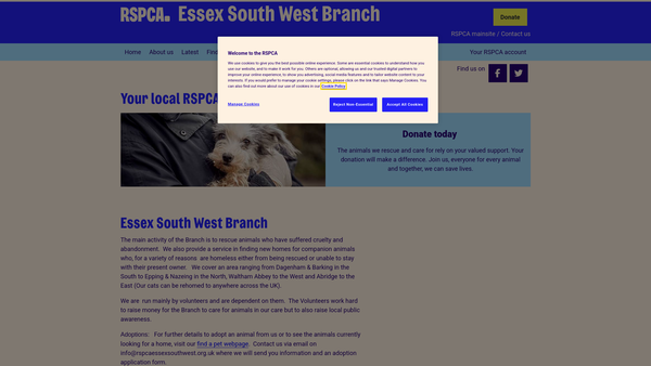 Screenshot of the Royal Society For The Prevention Of Cruelty To Animals Essex South West Branch website