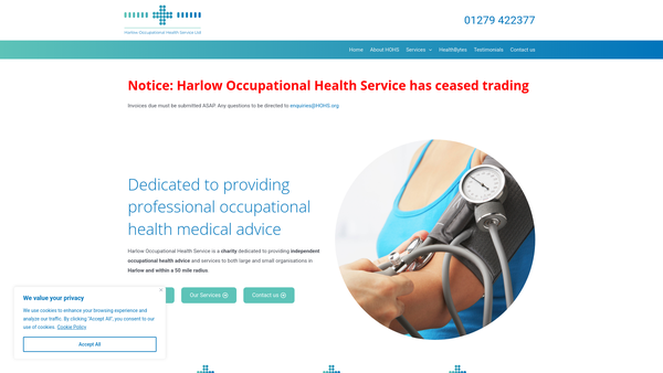 Screenshot of the Harlow Occupational Health Service Limited website