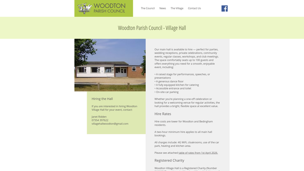 Screenshot of the Woodton Village Hall website