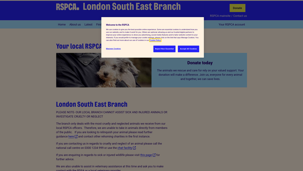 Screenshot of the Royal Society For The Prevention Of Cruelty To Animals London South East Branch website