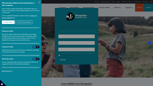 Screenshot of the Shropshire Wildlife Trust website