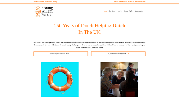 Screenshot of the The Netherlands Benevolent Society Koning Willem Fonds website