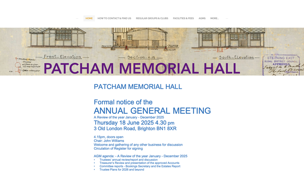 Screenshot of the Patcham Memorial Hall website