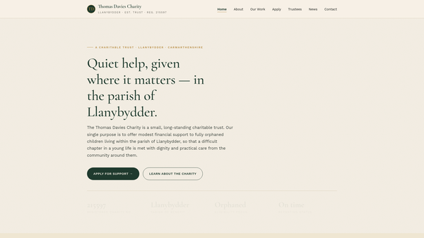 Screenshot of the Thomas Davies Charity website