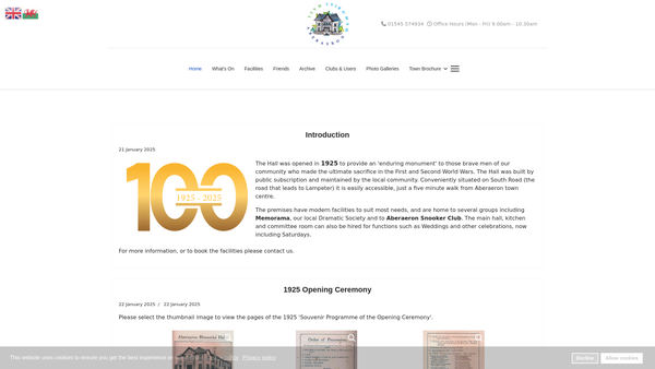 Screenshot of the Aberaeron Memorial Hall website