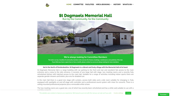 Screenshot of the Neuadd Goffa Llandudoch (St Dogmaels Memorial Hall) website