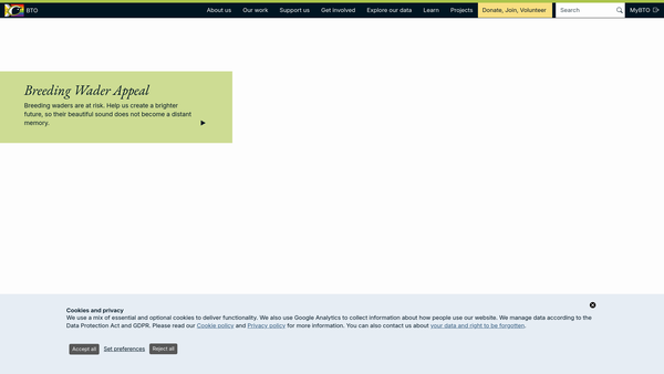 Screenshot of the The British Trust For Ornithology website
