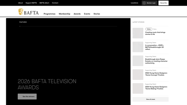 Screenshot of the The British Academy Of Film And Television Arts website
