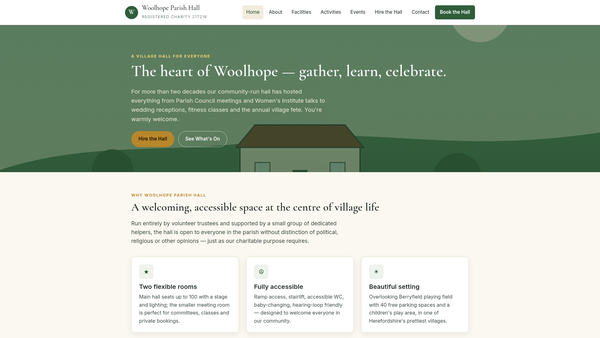 Screenshot of the Woolhope Parish Hall website
