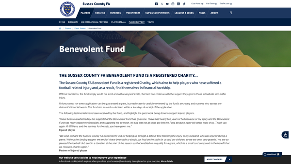 Screenshot of the Sussex County Football Association Benevolent Fund website