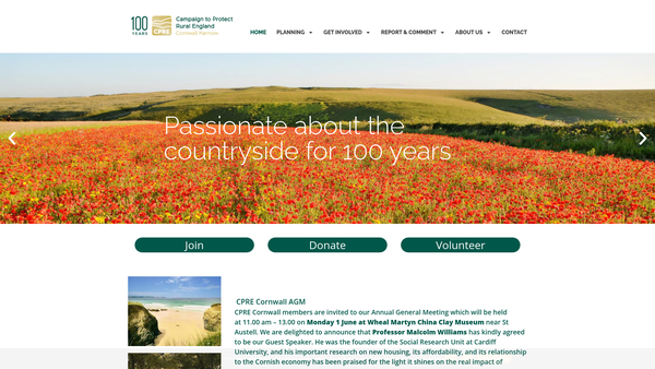 Screenshot of the Cpre Cornwall website