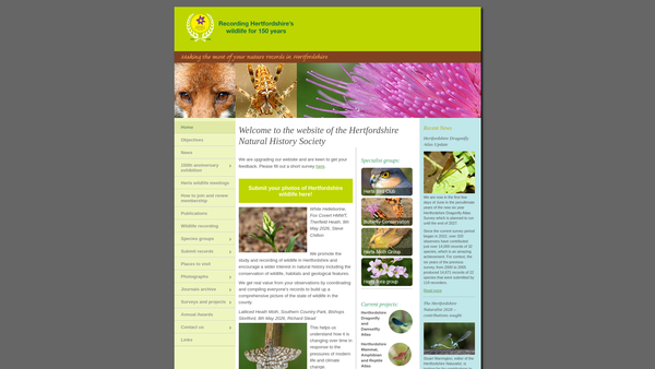 Screenshot of the Hertfordshire Natural History Society website