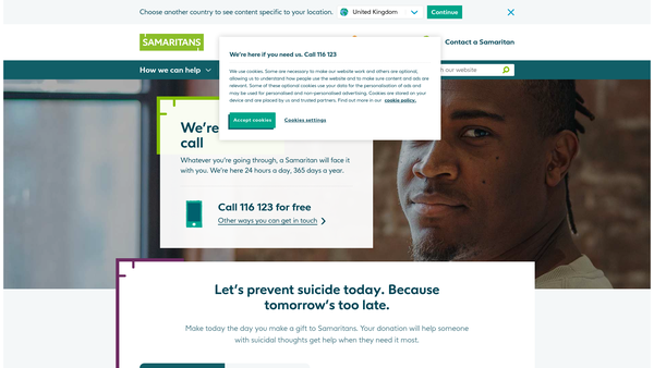 Screenshot of the Samaritans website