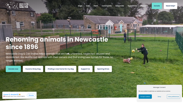 Screenshot of the Newcastle Upon Tyne Dog And Cat Shelter And Animal Sanctuary website