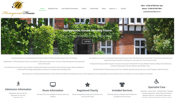 Screenshot of the Honeywood House Nursing Home website
