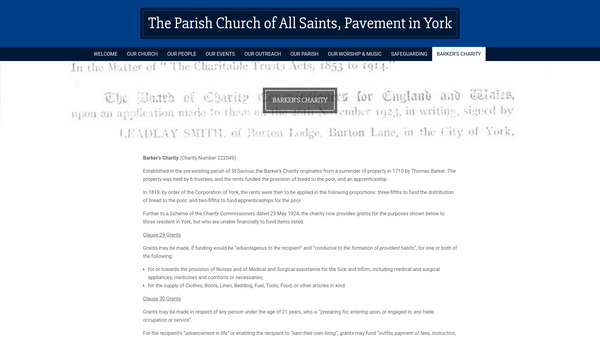 Screenshot of the Barker's Charity website