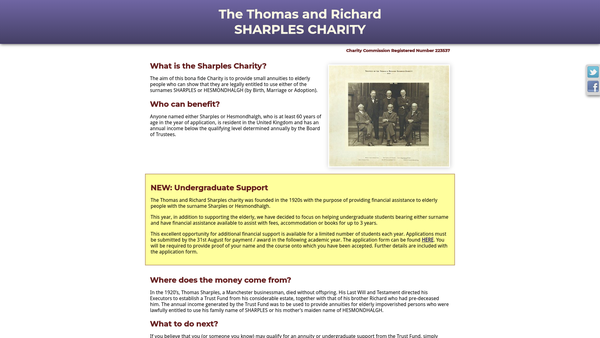 Screenshot of the The Thomas And Richard Sharples Charity website