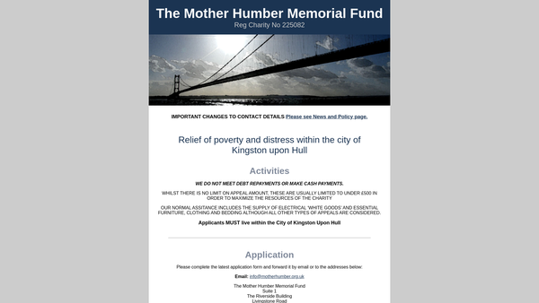 Screenshot of the Mother Humber Memorial Fund website