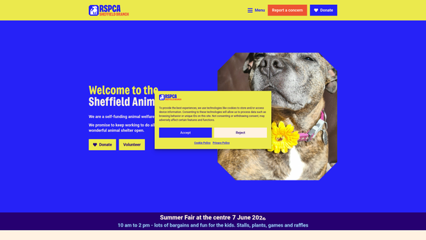 Screenshot of the Royal Society For The Prevention Of Cruelty To Animals Sheffield Branch website