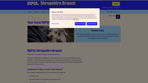Screenshot of the Royal Society For The Prevention Of Cruelty To Animals Shropshire Branch website