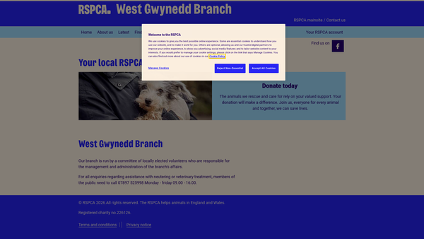 Screenshot of the Royal Society For The Prevention Of Cruelty To Animals West Gwynedd Branch website