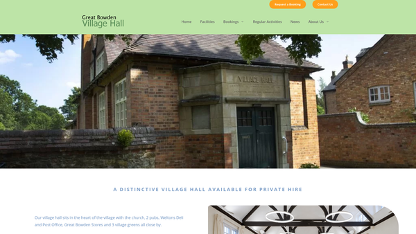 Screenshot of the Great Bowden Village Hall website
