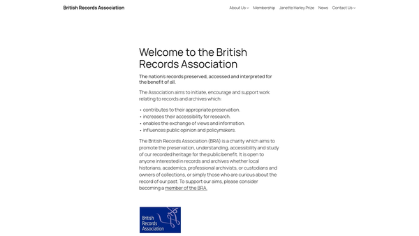 Screenshot of the British Records Association website