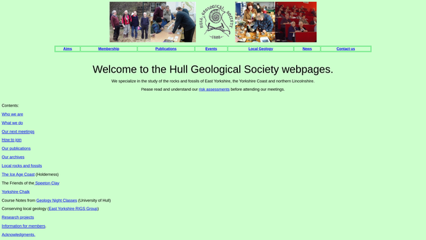 Screenshot of the Hull Geological Society website