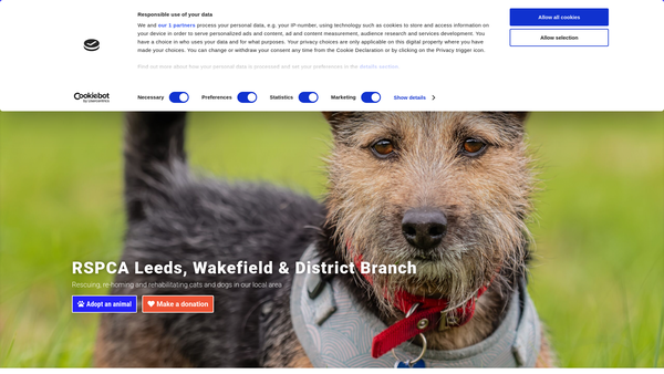 Screenshot of the Royal Society For The Prevention Of Cruelty To Animals Leeds, Wakefield And District Branch website
