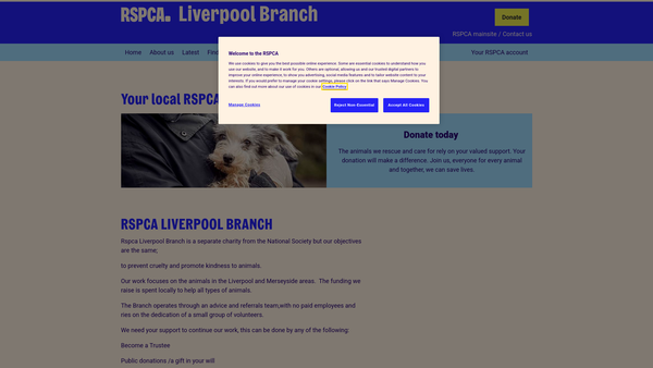 Screenshot of the Royal Society For The Prevention Of Cruelty To Animals Liverpool Branch website