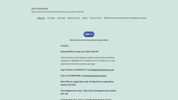 Screenshot of the Royal Society For The Prevention Of Cruelty To Animals Durham And District Branch website