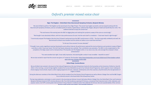 Screenshot of the The Oxford Bach Choir website