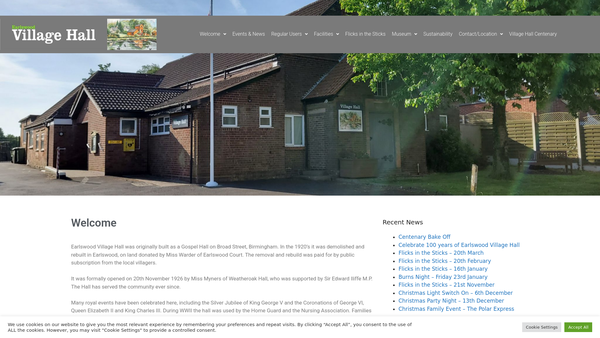 Screenshot of the Earlswood Village Hall website