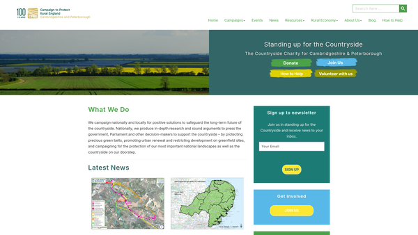 Screenshot of the The Cambridgeshireand Peterborough branch of the campaign to protect rural England website