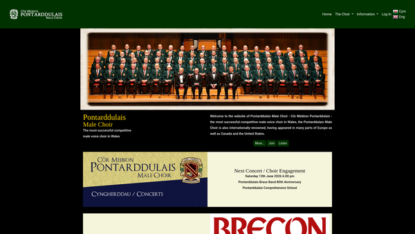 Screenshot of the Cor Meibion Pontarddulais/ The Pontarddulais Male Voice Choir website