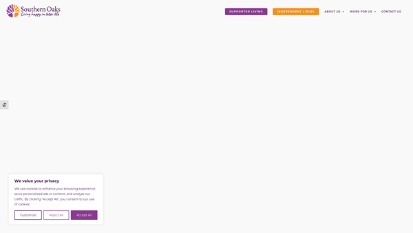 Screenshot of the Southern Oaks Retirement Living website