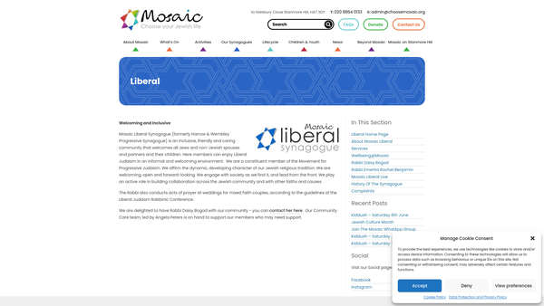 Screenshot of the Mosaic Liberal Synagogue website
