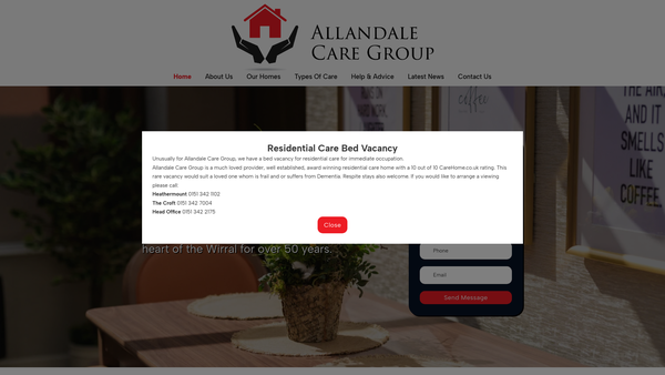 Screenshot of the Allandale Care Group Limited website