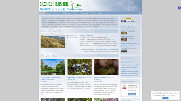 Screenshot of the The Gloucestershire Naturalists' Society website