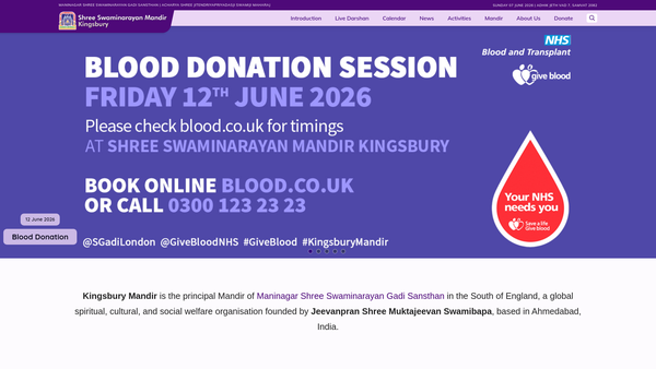 Screenshot of the Shree Swaminarayan Sidhant Sajivan Mandal London website