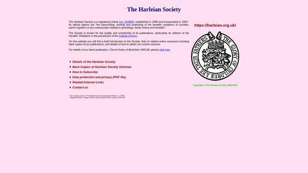 Screenshot of the The Harleian Society Incorporated 1902 website