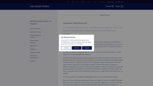 Screenshot of the Sir Edward Marshall Hall For Needy Members Of The Inner Temple website