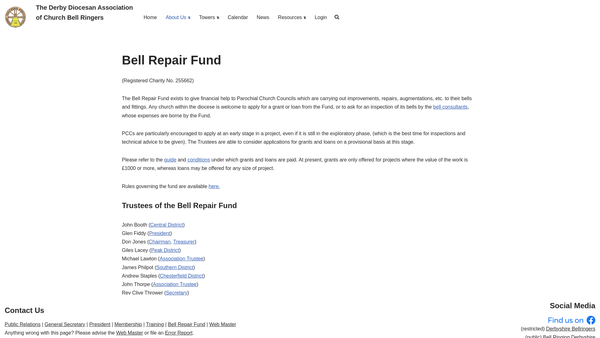 Screenshot of the The Derby Diocesan Association Of Church Bellringers Bell Repair Fund website